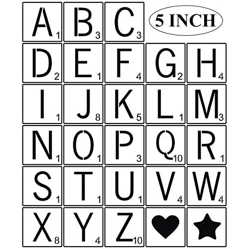 Scrabble Tile Letter Stencils 5 Inch - 28 Pack Scrabble Style Alphabet Stencil Templates for Painting on Wood, Reusable Plastic Stencils for Crafts Making & Wall Art Decorations