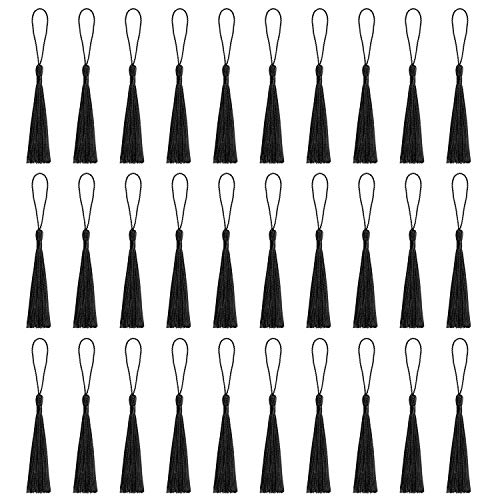 VAPKER 30 Pieces Black Tassels 13cm/5-Inch Silky Handmade Soft Mini Tassels Floss Bookmark Tassels with 2-Inch Cord Loop for Jewelry Making, DIY Projects, Bookmarks