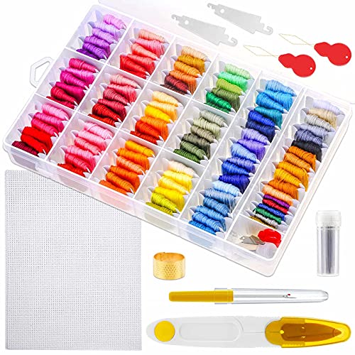 Paxcoo 146 Pcs Embroidery Floss with Organization Box Including 108 Colors Cross Stitch Thread Friendship Bracelet String and 38 Pcs Cross Stitch Tool Kit for Friendship Bracelet String Making