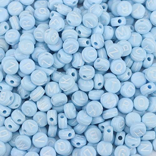 KARMELLING 500PC Light Blue Acrylic Alphabet Flat Round Beads Letter Beads Coin Spacer Beads for DIY Craft Bracelets Necklace Name 7mm ( 1/4")