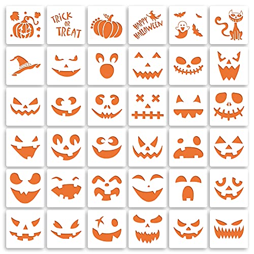 36 Pieces Halloween Drawing Stencils, 6 Inch Plastic Reusable Pumpkin Faces Painting Stencil for DIY Pumpkin Carving, Wood, Walls Art and Halloween Decoration