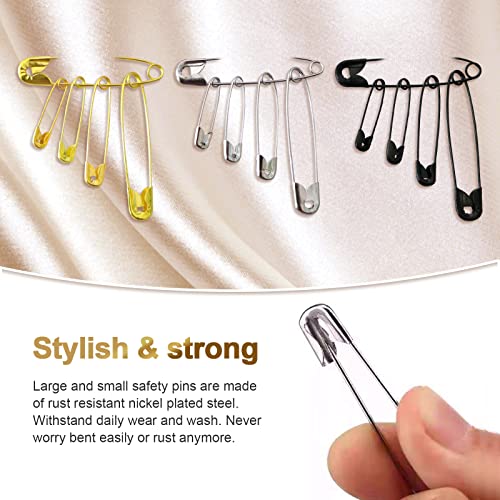 Redamancy 540 Pcs Premium Safety Pins, 4 Sizes Rust Resistant Safety Pins, 3 Colors Safety Pins for Clothes, for Clothes, Crafts, Sewing, Dressmaking, with Storage Box, Gold Silver Black