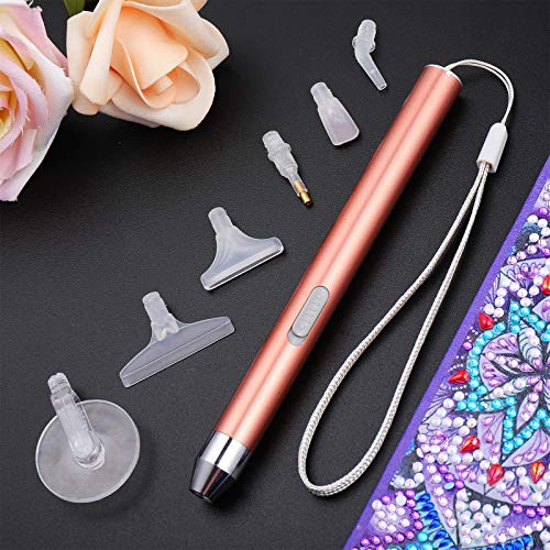 15 Pieces LED Diamond Painting Tools Set 5D Diamond Painting Drill Pens DIY Light Point Pens with Different Pen Heads, Elbow Pen Heads, Plate Trays, Anti-Slip Mats, Tape, Clay Storage Case (Rose Gold)