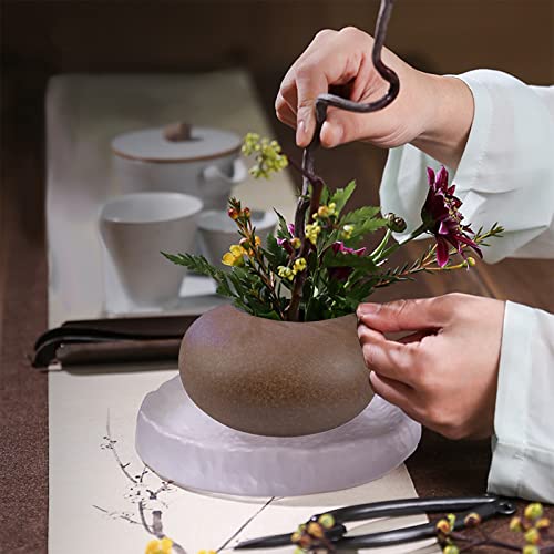WANDIC Flower Arranging Supplies, Round Flower Frog & Ceramic Flower Pot Brown Pebble Flower Arrangement Pot for Ikebana Floral Art Home Office Decoration