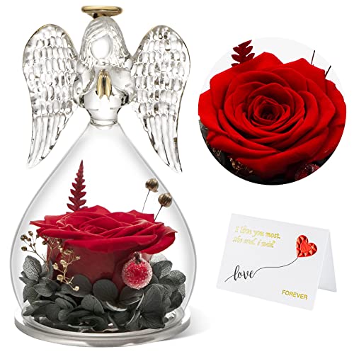Yamonic Angel Figurines with Real Rose Birthday Gifts for Her Mom Women, Preserved Real Rose for Valentine's Day Anniversary Birthday Gifts for Her (1-Red)