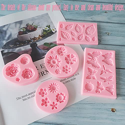 5 Pack Fondant Silicone Molds Set, Mini Butterfly/Flower/Leaves/Rose Silicone Molds for Cake Decorating, Making Chocolate, Polymer Clay, Epoxy Casting