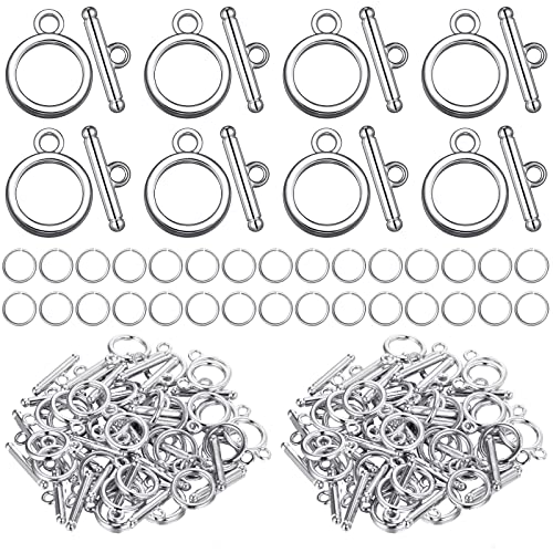 260 Pieces Toggle Jewelry Clasp Sets Include 60 Pairs Alloy Toggle Clasps Connectors Metal Bar and Ring Clasps with 200 Pieces Open Rings for Jewelry Making (Silver)