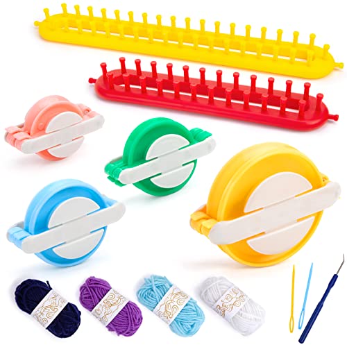 LOVEINUSA 13PCS Knitting Loom and Pompom Maker Set, Rectangle Knitting Looms Pompom Maker with Yarn Skeins Acrylic Knitting Crochet Supplies for Beginners Hat Scarf Shawl Sweater Sock