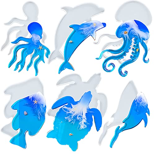 6Pcs Coaster Molds for Epoxy Resin – Marine Animal Theme Silicone Molds for Resin Casting –Fish, Octopus, Turtles, Jellyfish, Whales, Dolphins Coaster Mold DIY Resin Art – Reusable Epoxy Molds