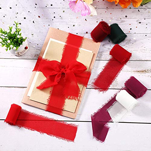 6 Rolls Handmade Fringe Chiffon Silk Ribbon 1.5" x 3 Yd Colorful Ribbon for Wedding Invitations, Bridal Bouquets, Gifts Wrapping, DIY Crafts (Red and Green Set)