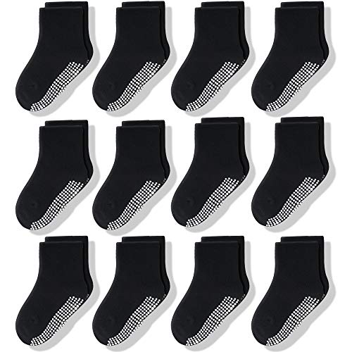 CozyWay Non Slip Toddler Socks 12 Pairs with Grip for Boys Girls Baby Infants Kids Anti Skid Cotton Crew Socks 1-3 Years