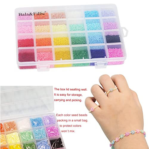 Bala&Fillic Size 2mm 12/0 Glass Seed Beads with Needles and String Beading Kit About 21600pcs in Box Multicolor Assortment Craft Seed Beads for Jewelry Making (900pcs/Color, 24 Colors)