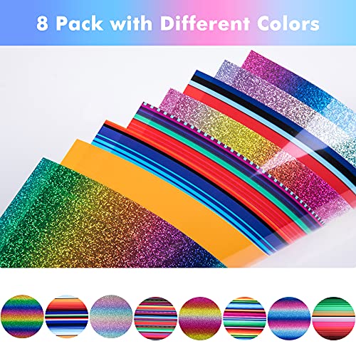 Heat Transfer Vinyl Rainbow Glitter Iron On Vinyl- 8 Pack 12" x 10" Cinco de Mayo PU HTV Vinyl Bundle for DIY T-Shirt Gifts, Easy to Cut and Weed by Cricut, Cameo Silhouette