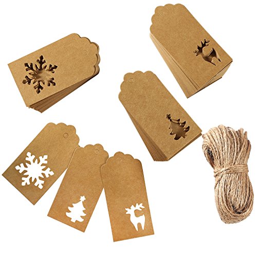 Aneco 150 Pieces Paper Tags Kraft Christmas Tags Hang Labels Christmas Tree Snowflake Reindeer Design for Christmas Gift Favor,DIY Arts and Crafts Wedding Supply with 30 Meters Twine