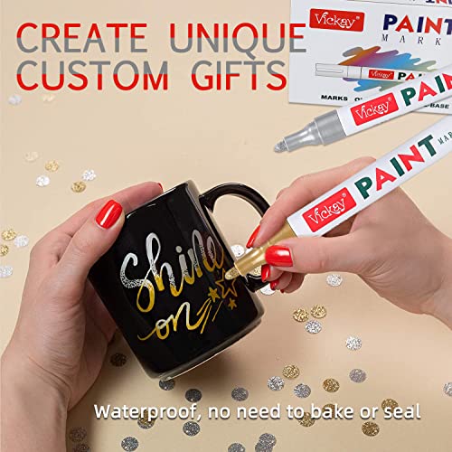 Gold Silver Paint Pens Paint Markers, 6 Pack Waterproof Oil-Based Paint Pen Set Quick Dry and Permanent Markers with 2 Extra Chisel Tips for Rock Painting, Stone, Wood, Plastic, Glass, Mugs, DIY