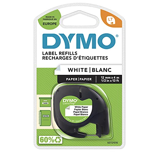 DYMO LetraTag Paper Labels | Authentic | 12 mm x 4 m Roll | Black Print on White Labels | Self-Adhesive Multipurpose Labels for LetraTag Label Makers | 1 Count