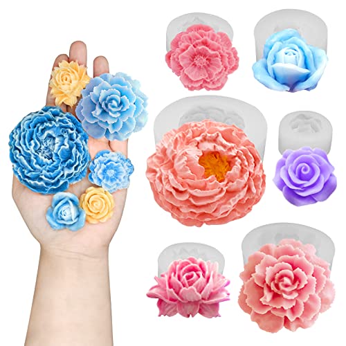 6PCS Flower Silicone Molds Resin Candle Mold Set, 3D Bloom Rose Peony Fondant Mold for Chocolate Cake Decor Soap Candle Making Kit, Resin Mold for Epoxy Casting Polymer Clay Craft Gift