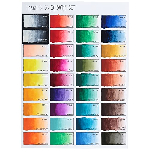 Marie's Artist Gouache Paint Sets - Highly Pigmented Gouache for Painting, Artists, Illustrators & Designers - Set of 36 Assorted Color Tubes (12mL/0.4oz)