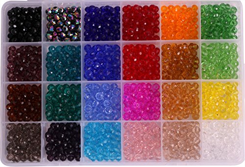 Shapenty 24 Colors 6mm Decorative Hand Briolette Faceted Rondelle Crystal Glass Beads with Hole for DIY Craft Bracelet Necklace Jewelry Making, 1200 Pieces/Box
