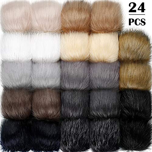 24 Pieces Faux Fur Pom Pom Balls with Elastic Loop DIY Faux Fur Fluffy Pompoms Ball with Rubber Band Knitting Accessories for Hats Shoes Scarves Bags Keychain Charms (Dark Color)