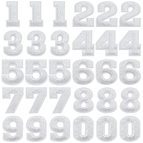 30 Pieces Numbers Patches Iron on Numbers Patches 0-9 Number Decorative Repair Patches Sew on Embroidered Applique Patches for Baseball Football Jean Hat Jacket Shirts (White,1.25 Inches)