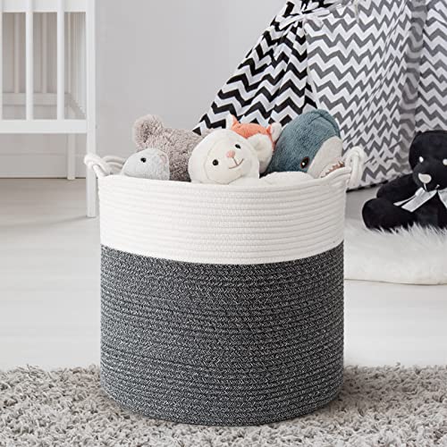 Goodpick Cotton Rope Basket with Handle for Baby Laundry Basket Toy Storage Blanket Storage Nursery Basket Soft Storage Bins Woven Basket, 15'' × 15'' × 14.2'', Dark Grey