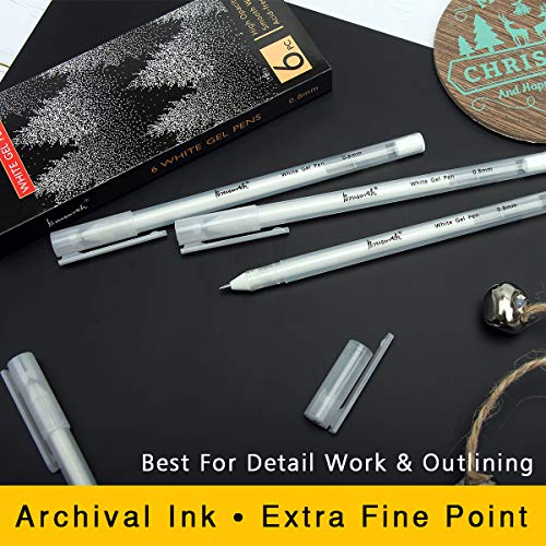 White Gel Pen Set - 0.8 mm Extra Fine Point Pens Gel Ink Pens for Black Paper Drawing, Sketching, Illustration, Card Making, Bullet Journaling, Pack of 6