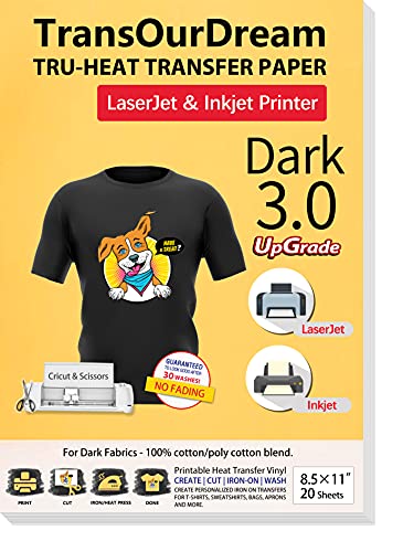 TransOurDream Iron on Heat Transfer Paper for Dark T Shirts (20 Sheets 8.5x11", Dark 3.0) Printable HTV Heat Transfer Vinyl for Inkjet & Laserjet Printer Iron On transfers for T Shirts (TRANS-D3-20)