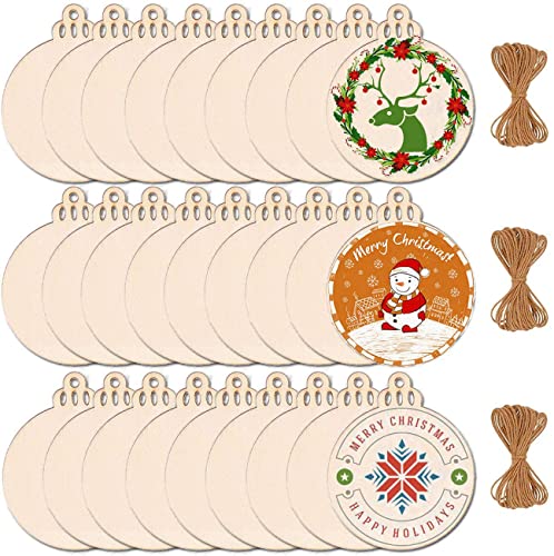 Max Fun 60PCS 3.5" DIY Wooden Christmas Ornaments Unfinished Predrilled Wood Slices Circles for Crafts Round Centerpieces Discs Holiday Hanging Decorations