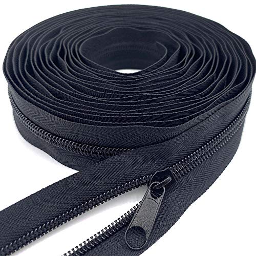 Zipper Roll by Yard #5 Bulk 10 Yards Nylon Zipper with 10pcs Sliver Sliders and 10pcs Colorfull Sliders for DIY Sewing Craft Projects (Black)