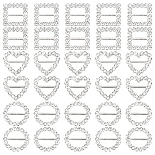 Framendino, 30 Pack Crystal Rhinestone Ribbon Buckles Sliders for Clothing Decoration Heart Square Round Silver