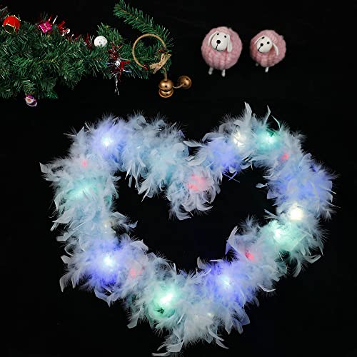 Larryhot Long Blue Feather Boa - 2Yards 75g Colorful 20 LED Lights Boas for Party, Wedding, Halloween Costume, Christmas Tree and Home Decoration (Light Blue)