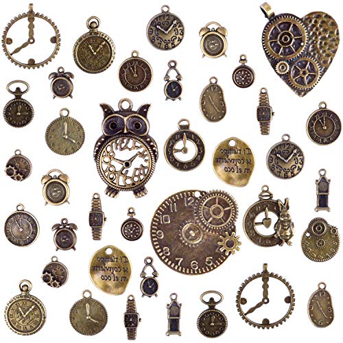 BronaGrand 100 Grams(Approx 38 Pieces) Mixed Clock Face Charms Steampunk Pendants Watch Charms for Bracelets, Necklaces, Jewelry and Crafts Making, Antique Bronze