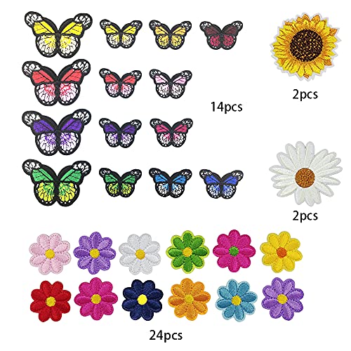 42pcs Embroidered Flowers Butterfly Iron on Patches Sunflower Daisy Patch for Clothing Sew on Patches Set for Jackets Jeans Bags Clothes Arts Crafts DIY Decoration