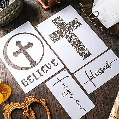 9 Pieces Cross Stencil Set Christian Stencils Believe Jesus Forgiven Cross Stencil Religious Stencil Reusable Painting Template Christmas Gift for Painting on Wood Wall Home (5.9x3.1'', 8.3x5.9'')