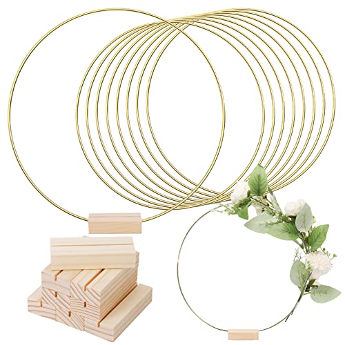 Sntieecr 10 PCS 10 Inch Metal Floral Hoop Centerpiece for Table, Wreath Macrame Gold Hoop Rings with 10 PCS Wooden Holders Stand for DIY Festivals Decorations, Macrame Hoop, Wedding Table Decorations