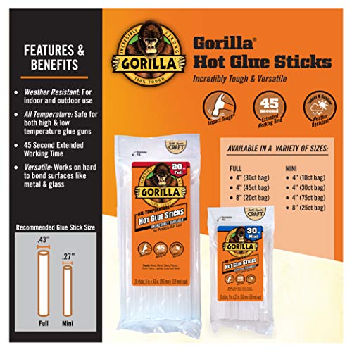 Gorilla Hot Glue Sticks, Mini Size, 8" Long x .27" Diameter, 25 Count, Clear, (Pack of 1)