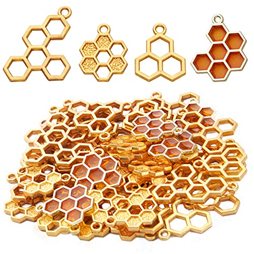 BronaGrand 50pcs Enamel Honeycomb Charms Pendants Alloy Bee Honeycomb Open Back Bezel Pendant for Necklace Bracelet DIY Crafts Jewelry Making Accessories