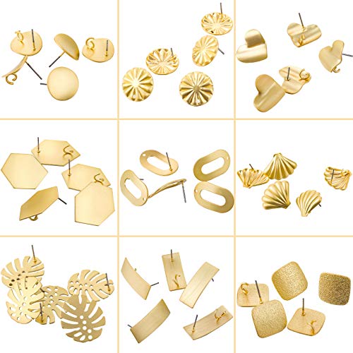 90 Pieces Gold Plated Earring Studs Blank Earring Posts with Loop Hole Palm-Leaf Shaped Earring Finding Shell Heart Flower Track Ear Pad Base Posts with Loop for Jewelry Earring Making