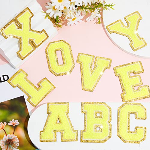 26 Pieces Chenille Letter Patches Iron On Letters Patch Varsity Letter Patches Glitter Chenille Patches A-Z Patch Embroidered Patch Gold Border Sew On Patches for Clothing Hat Shirt Bag (Yellow)