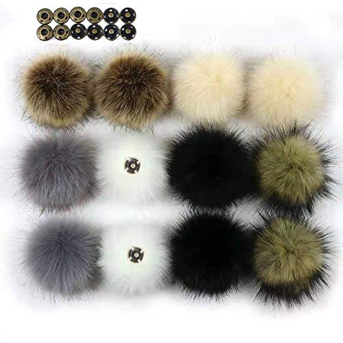12Pcs DIY Faux Fur Snap Pompoms Ball Mixed Color Fluffy Pompom with Press Button Removable for Knitting Hats Scarves Shoes Bag Charms Accessories