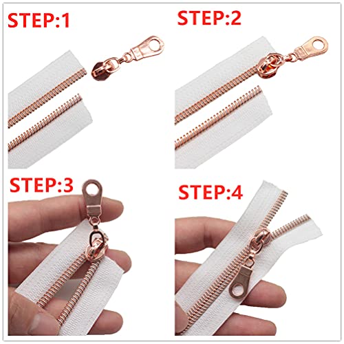 MebuZip #5 Rose Gold Metallic Nylon Coil Zippers by The Yard Bulk Coil Zipper Roll 10 Yards with 25pcs Pulls for DIY Sewing Craft Bags (White)