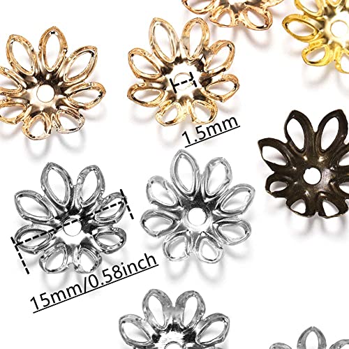 500PCS 15mm Gold Tone Flower Bead Caps Hollow Flower Bead Caps for Jewelry Making (Antique Bronze)