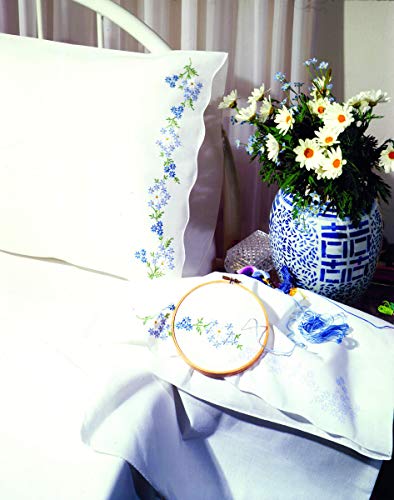 Design Works Crafts, 20" x 30" Stamped Pillowcases for Embroidery, Daisies, White Blue