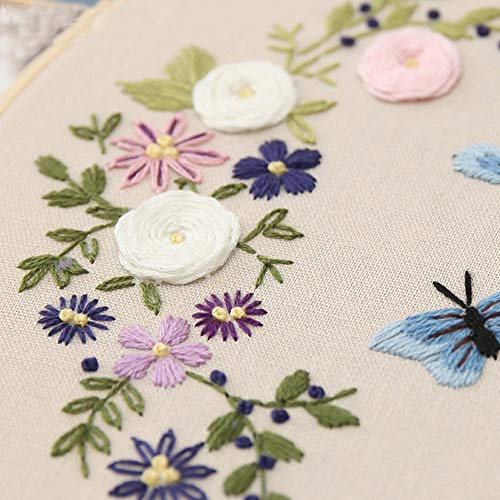 Full Range of Embroidery Starter Kit with Pattern, Kissbuty Cross Stitch Kit Including Embroidery Fabric with Floral Pattern, Bamboo Embroidery Hoop, Color Threads and Tools Kit (Flower Butterfly)