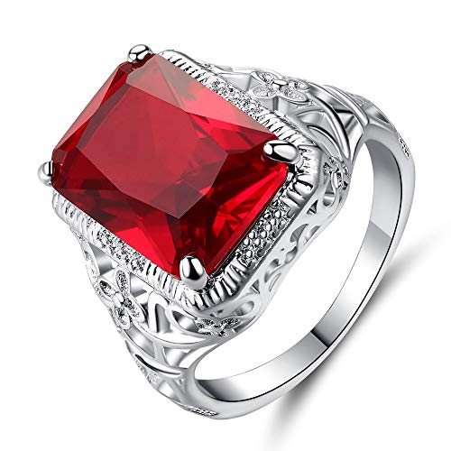 Xunuo Thai Silver Red Simulation Vintage Ruby Engagement Ring Big Carat Simple Flower Pattern Square Engagement Female Ring Size 6-10 (9)
