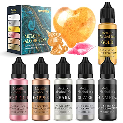 Wayin Metallic Alcohol Ink Set - 6 Color Metallic Alcohol Pigment Resin Dye, Concentrated Extreme Shimmer Alcohol-Based Inks for Epoxy Resin Yupo Tumbler Cups Acrylic Pouring Paint (15ml/.5 fl oz )