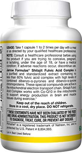 Jarrow Formulas Shilajit Fulvic Acid Complex 250 mg - 60 Veggie Caps - Supports Energy Production, Mitochondrial Function & Co-Q10 Activity - Gluten Free - 60 Servings