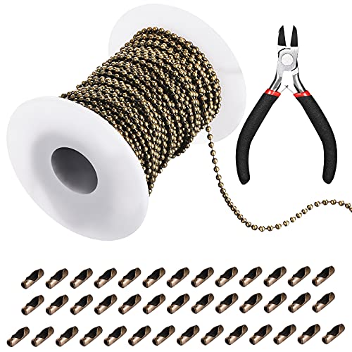 65 Feet Stainless Steel Ball Chains, 2.4 mm Stainless Diameter Ball Bead Chain with 40 Pieces Bead Connector Clasp and Plier for Necklace Hanging Ornament Key Chain Tags (Bronze)