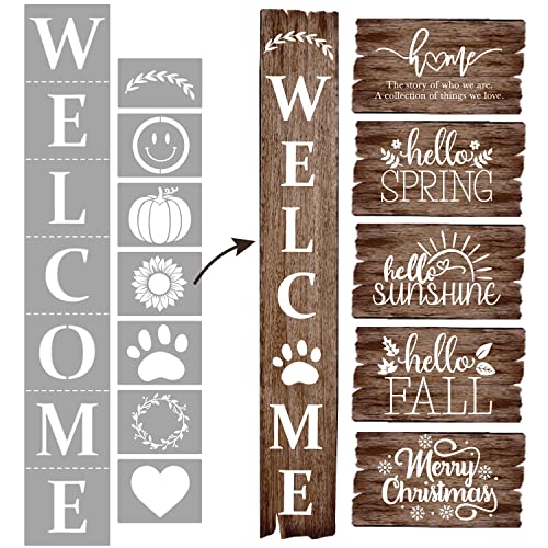 Welcome Stencil with Holiday Stencils for Painting on Wood Reusable, Own DIY Projects, Gifts and More, Easy to Use Large Letter Stencil – Horizontal and Vertical (Welcome Stencil + Holiday Set)